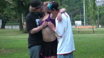 Stunning Blonde Teen Ravished by 2 Studs in Public Threesome!